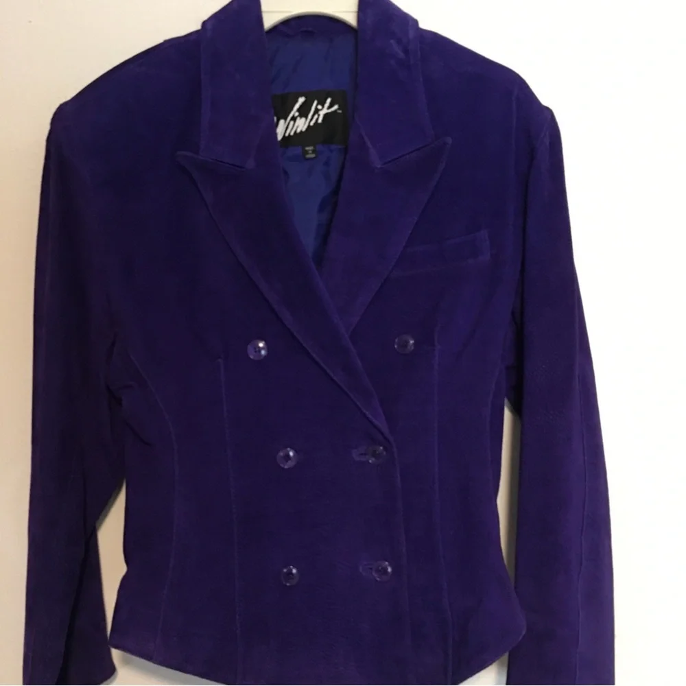Winlit‎ Suede Leather Blazer Womens Size Medium Purple Double Breasted Vintage